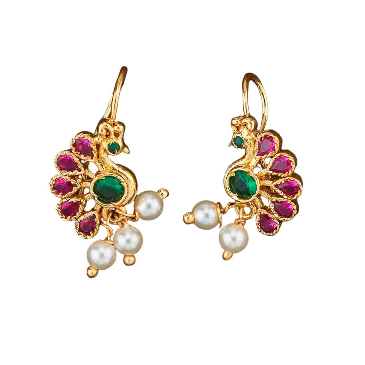 Indian Peacock Earrings for Women - Indian Jhumka Earrings for Women Small Tops Earring in Golden Tone Faux Pearl Bollywood Style Dangle Earring Chandelier Jhumki Jewelry for Bride